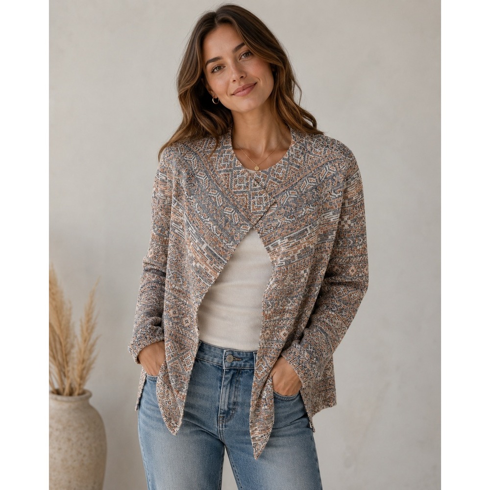 Lucky Brand Cardigan Women L Linen Blend Geometric Open Front Boho Southwest